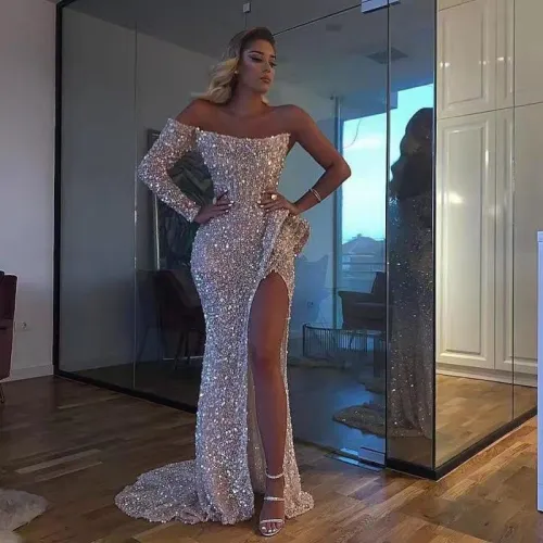 Silver Sexy Sequin Prom Dress Women One Shoulder Evening Dresses PQ0026B