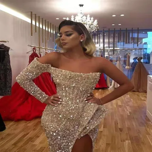 Gold Sexy Sequin Prom Dress Women One Shoulder Evening Dresses PQ0026A