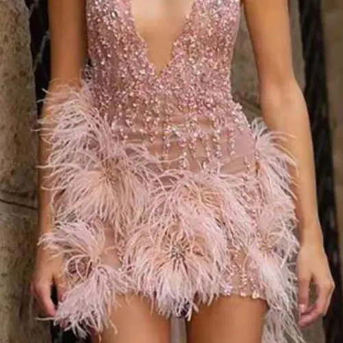 Women Fashion Sequin Club Dresses Sexy Deep V-neck Feather Clubwear PQ2008