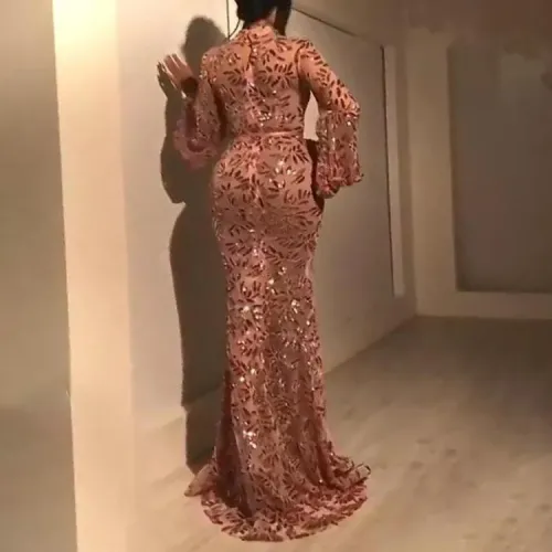 Pink Sequin Evening Dresses Sexy Women Long Sleeve Mesh Prom Dress PQ8678