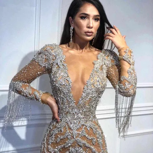 Women Fashion Club Dresses Sexy Deep V-neck Mesh Clubwear PQ8043