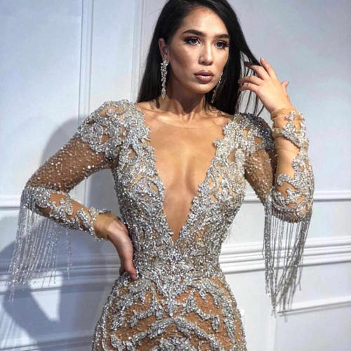 Women Fashion Club Dresses Sexy Deep V-neck Mesh Clubwear PQ8043