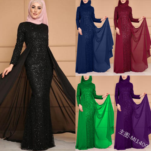 Elegant Muslim Dress Women Fashion Sequin Middle Eastern National Dresses PQ1409
