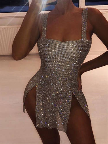 Gold Sequin Night Club Wear Women Sexy Spaghetti Strap Mini Dress PQ0148A