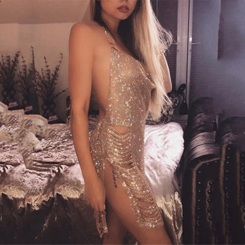 Gold Sequin Sexy Night Club Wear Women Hollow Out Mini Dress PQ0142A