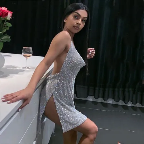 Silver Sequin Backless Sexy Dresses For Women Halter Mini Dress PQ0156B