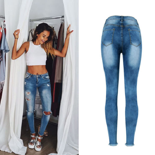 Blue Slim Hight Waist Ripped Jeans For Women Denim Capri PQTOP6628