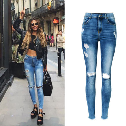 Blue Slim Hight Waist Ripped Jeans For Women Denim Capri PQTOP6628