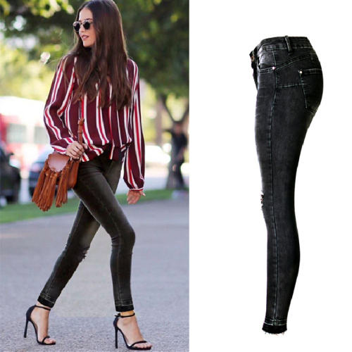 Black Hight Waist Ripped Jeans For Women Skiny Denim Pants PQTOP219