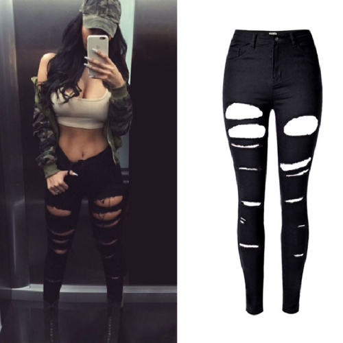 Black Hight Waist Ripped Jeans For Women Hole Denim Pants PQTOP6621