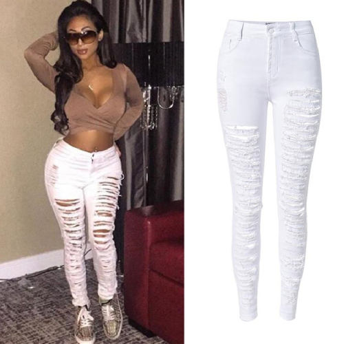 White Skiny Denim Pants Hight Waist Ripped Jeans For Women PQTOP010B