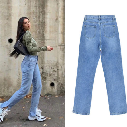 Blue Hight Waist Jeans For Women Low Split Denim Pants PQTOP407