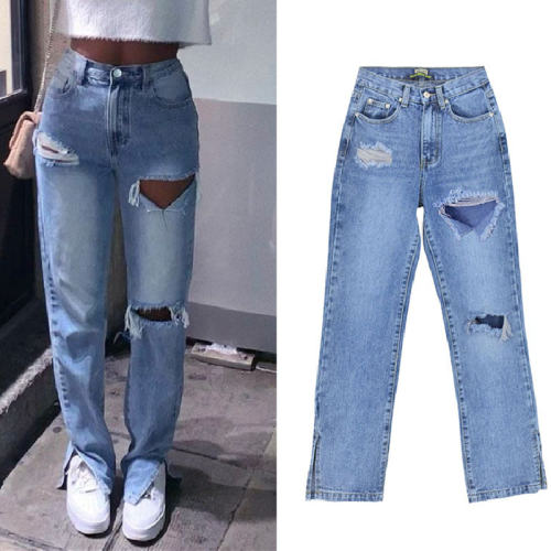 Blue Hight Waist Hollow Jeans For Women Ripped Denim Pants PQTOP6697
