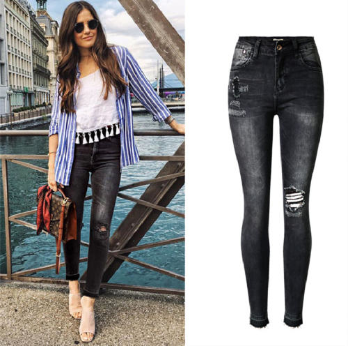 Black Hight Waist Ripped Jeans For Women Skiny Denim Pants PQTOP219