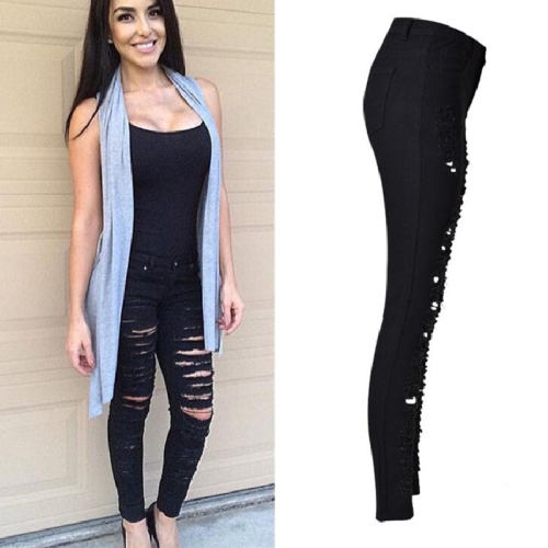 Black Skiny Denim Pants Hight Waist Ripped Jeans For Women PQTOP010A