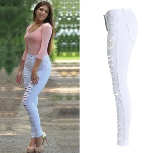 White Skiny Denim Pants Hight Waist Ripped Jeans For Women PQTOP010B