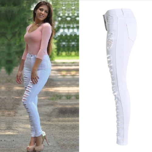 White Skiny Denim Pants Hight Waist Ripped Jeans For Women PQTOP010B