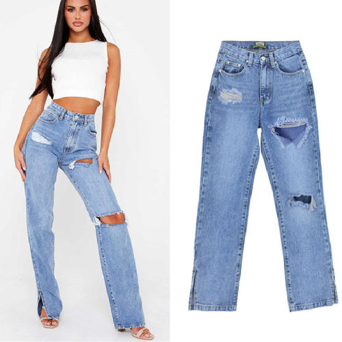 Blue Hight Waist Hollow Jeans For Women Ripped Denim Pants PQTOP6697