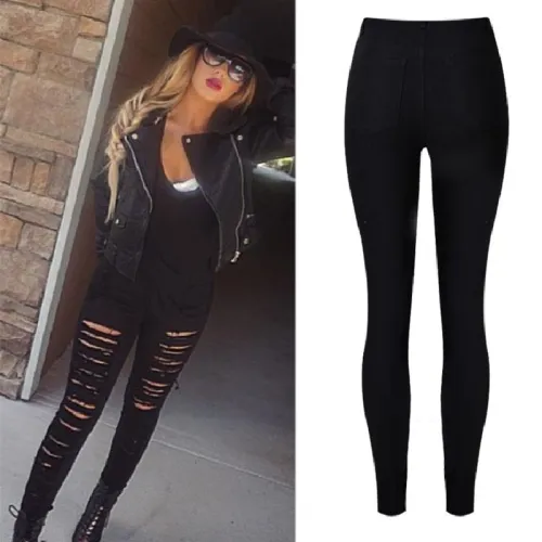 Black Skiny Denim Pants Hight Waist Ripped Jeans For Women PQTOP010A