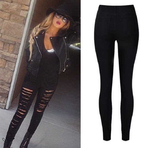 Black Skiny Denim Pants Hight Waist Ripped Jeans For Women PQTOP010A