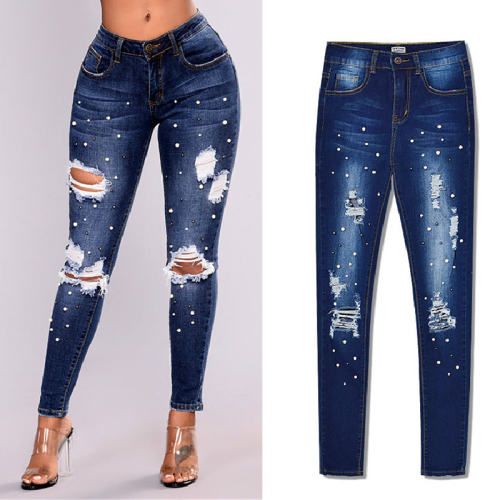 Dark Blue Pearl Denim Pants Skinny Hight Waist Jeans Women PQTOP408