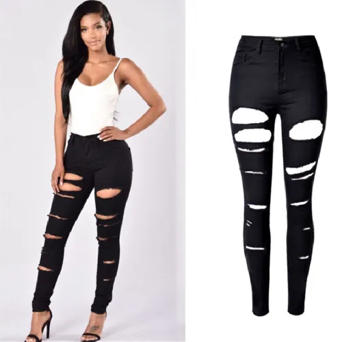 Black Hight Waist Ripped Jeans For Women Hole Denim Pants PQTOP6621