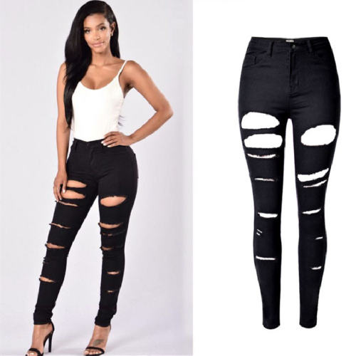 Black Hight Waist Ripped Jeans For Women Hole Denim Pants PQTOP6621