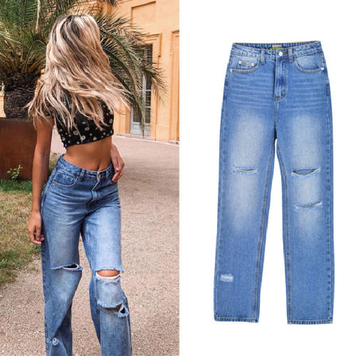 Blue Loose Denim Pants Hight Waist Jeans For Women PQTOP408