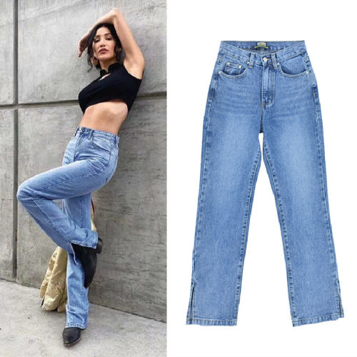 Blue Hight Waist Jeans For Women Low Split Denim Pants PQTOP407