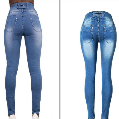 Blue Slim Hight Waist Jeans For Women Button Denim Pants PQTOP102