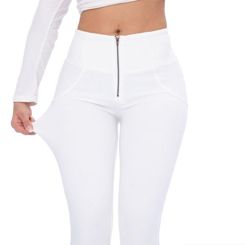 White High Waist Knit Trousers Women Bubble Butt Pants PQANZ-38HWWK