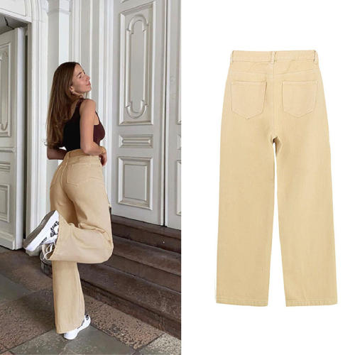 Yellow Hight Waist Ripped Jeans For Women Denim Pants PQTOP6700