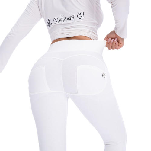 White High Waist Knit Trousers Women Bubble Butt Pants PQANZ-38HWWK