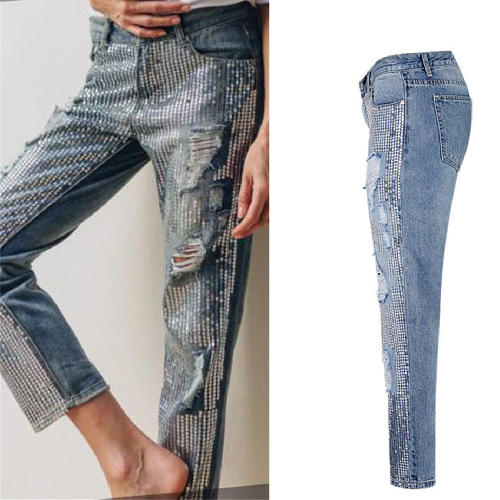 Blue Sequin Denim Capris Mid Waist Loose Jeans For Women PQTOP291