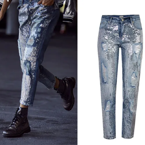 Blue Sequin Denim Capris Mid Waist Loose Jeans For Women PQTOP291