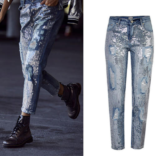 Blue Sequin Denim Capris Mid Waist Loose Jeans For Women PQTOP291