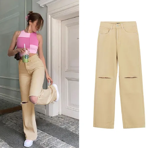 Yellow Hight Waist Ripped Jeans For Women Denim Pants PQTOP6700