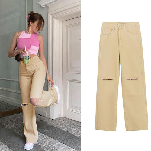 Yellow Hight Waist Ripped Jeans For Women Denim Pants PQTOP6700