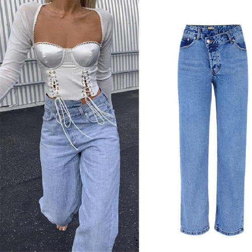 Blue Pencil Denim Pants Hight Waist Irregular Jeans Women PQTOP341