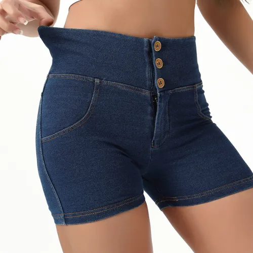 Dark Blue High Waist Fitness Wear For Women Bubble Butt Shorts PQF121A