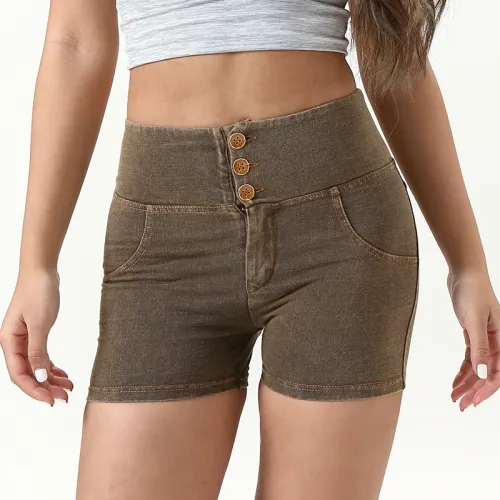 Brown High Waist Fitness Wear For Women Bubble Butt Shorts PQF121E