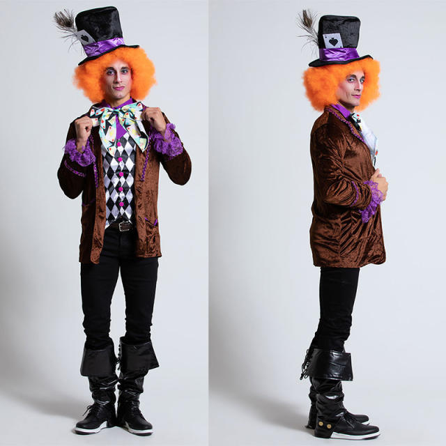 Men Alice in Wonderland Clown Costume Mad Hatter Magician Uniform PQA001