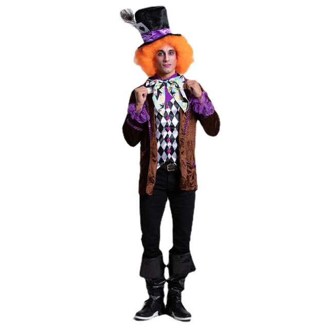 Men Alice in Wonderland Clown Costume Mad Hatter Magician Uniform PQA001