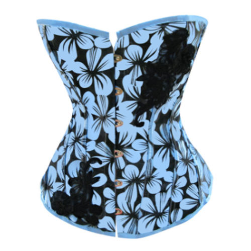 Blue Floral Print Glue Bone Corselet Overbust Palace Corset For Women PQ1004C
