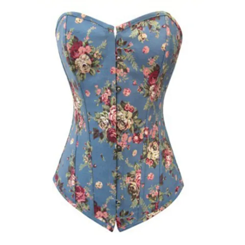 Light Blue Flaral Print Overbust Corselet For Women Sexy Corset PQH57A