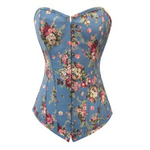Light Blue Flaral Print Overbust Corselet For Women Sexy Corset PQH57A