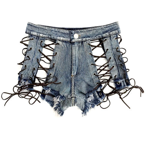 Black Hollow Out Denim Shorts Lace Up Jeans Hot Pants PQ860A