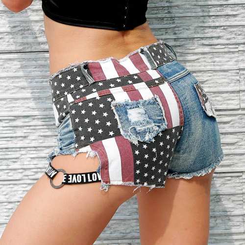 USA Flag Hollow Out Jeans Hot Pants Hollow Out Denim Shorts PQ831