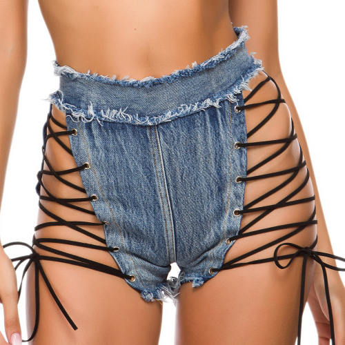 Blue Lace Up Jeans Hot Pants Hollow Out Denim Shorts PQ846