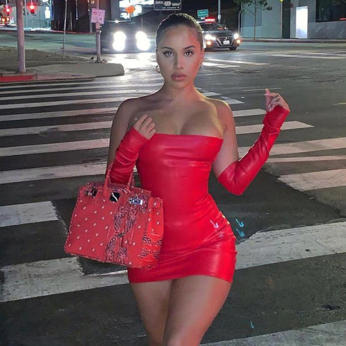 Red Faux Leather Club Dress For Women Sexy Night Club Wear PQ10508B
